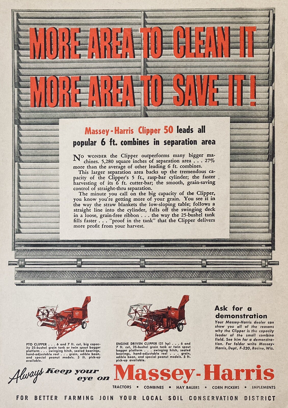 1956 AD.(XH12)~MASSEY-HARRIS CO. RACINE, WIS. M-H CLIPPER 50 COMBINE