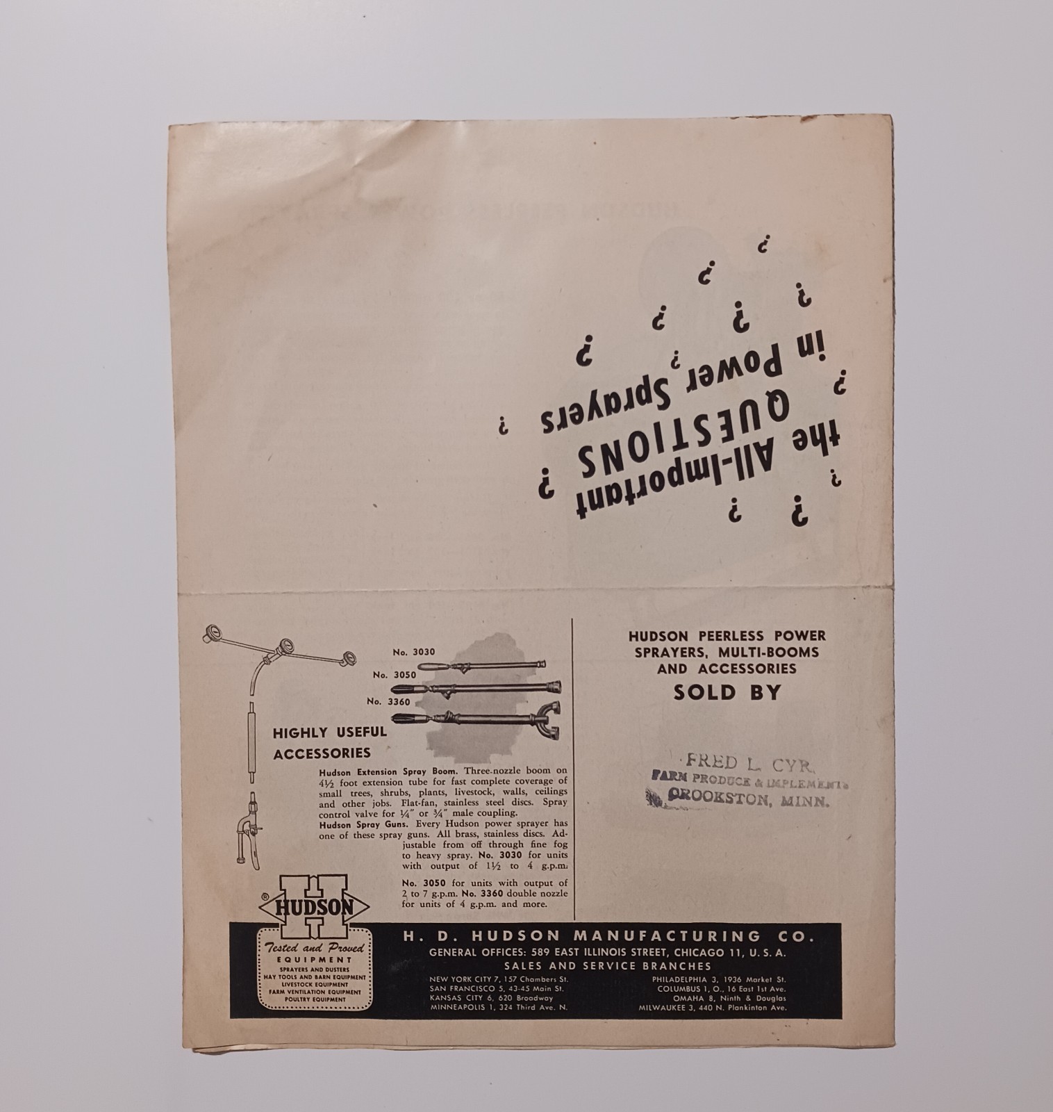 Vintage Mailer Hudson Peerless Power Sprayers Fred L Cyr Implements Crookston MN