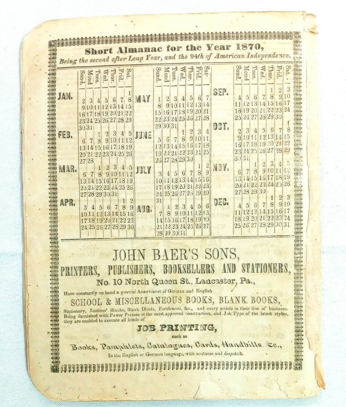 Vintage 1870 John Bear Baer’s Agricultural Almanac Lancaster PA Antique Farmers
