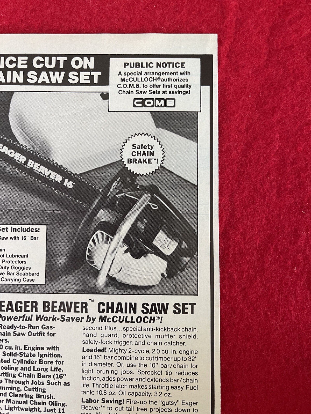 Vintage 1987 Eager Beaver Chainsaw Mc Culloch Print Ad – Ad Only