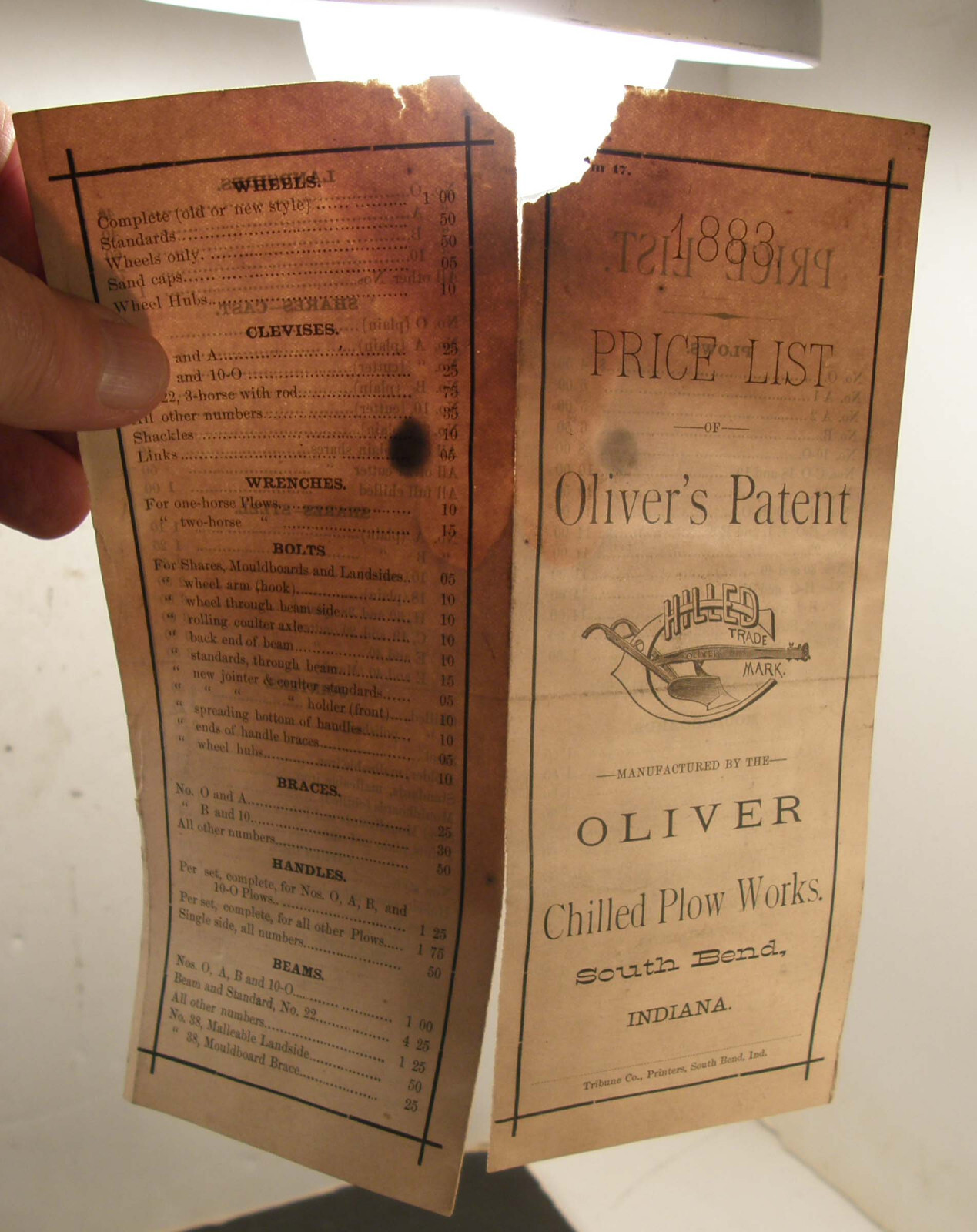 ANTIQUE 1883 PRICE LIST OLIVER AGRICULTURAL PLOW WORKS SOUTH BEND INDIANA