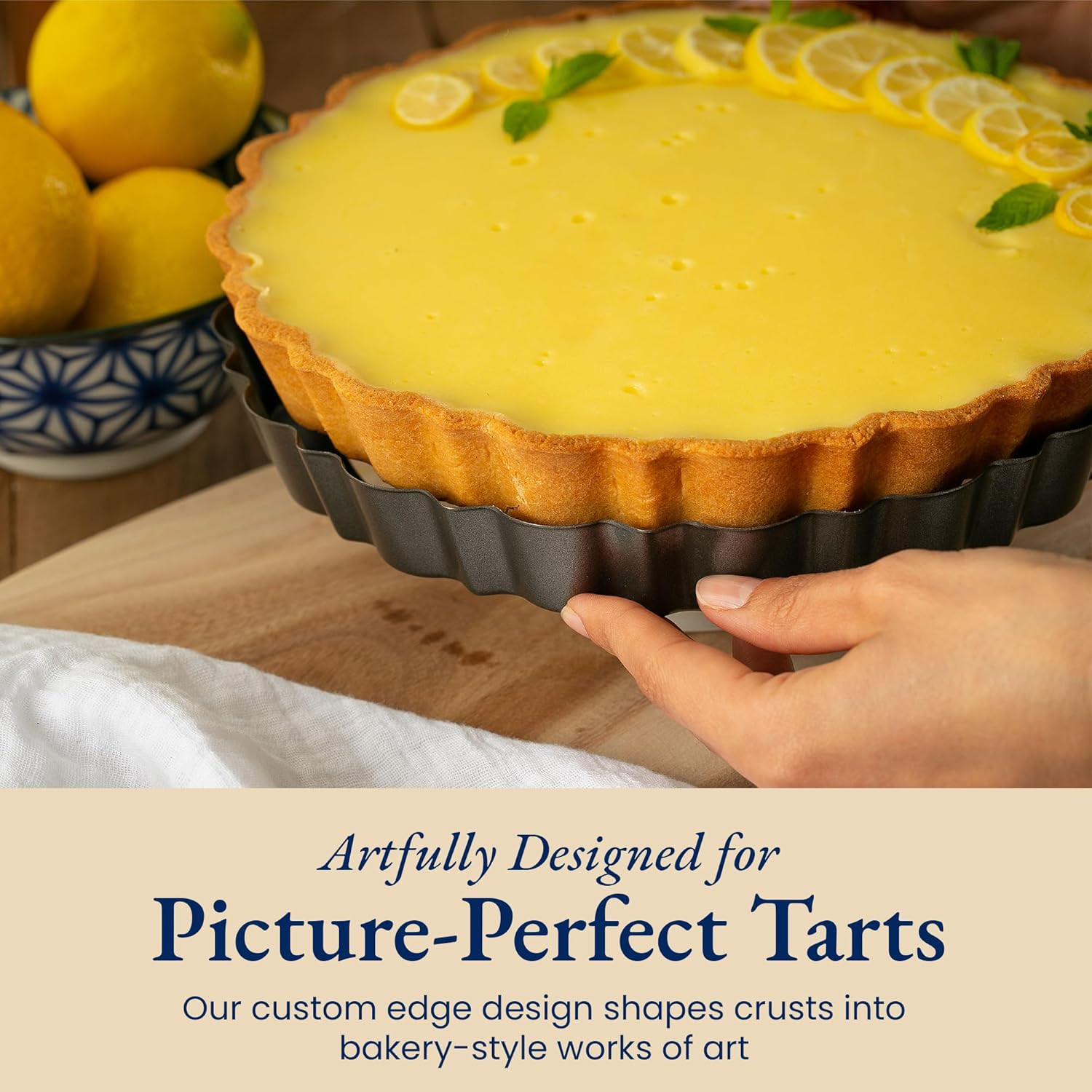 Fluted Tart Pan 9 Inch Removable Bottom with Patented Silicone Crust Shaper | No