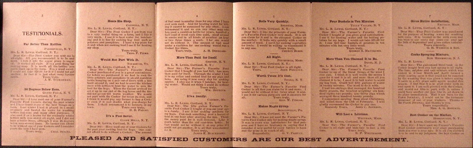 Farmers Favorite Feed Cooker Testimonial Brochure c1920s Cortland NY 3.25 x 6″