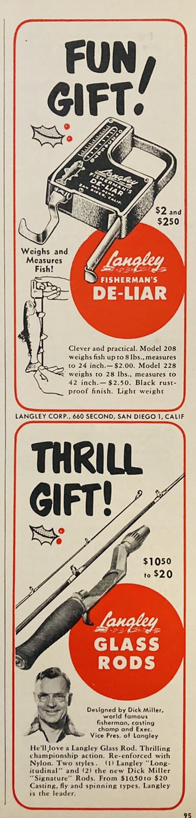 1951 AD.(XH57)~LANGLEY CO. SAN DIEGO, CA. FISHERMAN’S DE-LIAR & GLASS RODS