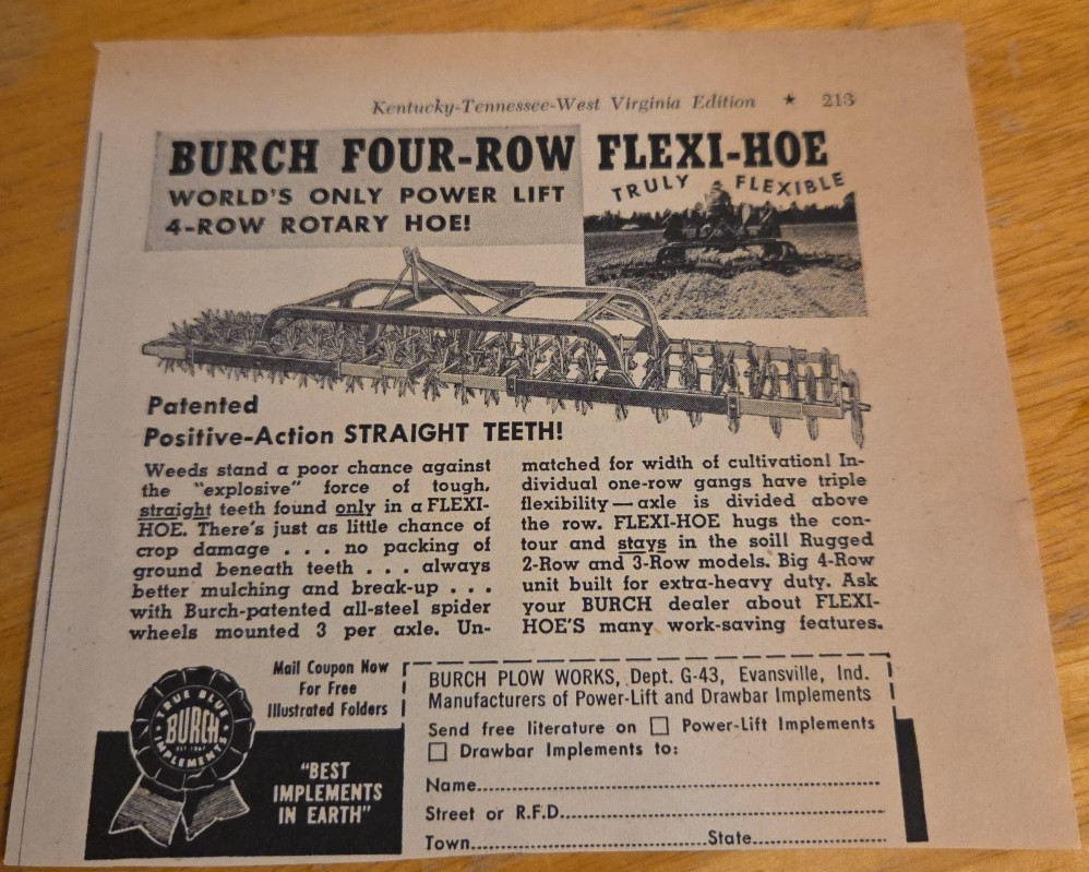 Burch Four Row Flexi Hoe Vintage 1953 Print Ad 4 Row Rotary Hoe Farming