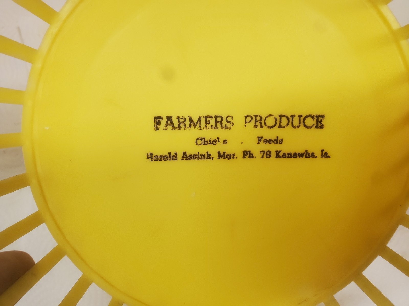 9″ Yellow Plastic Basket Farmers Produce Kanawha Iowa Harold Assink Chicks Feeds