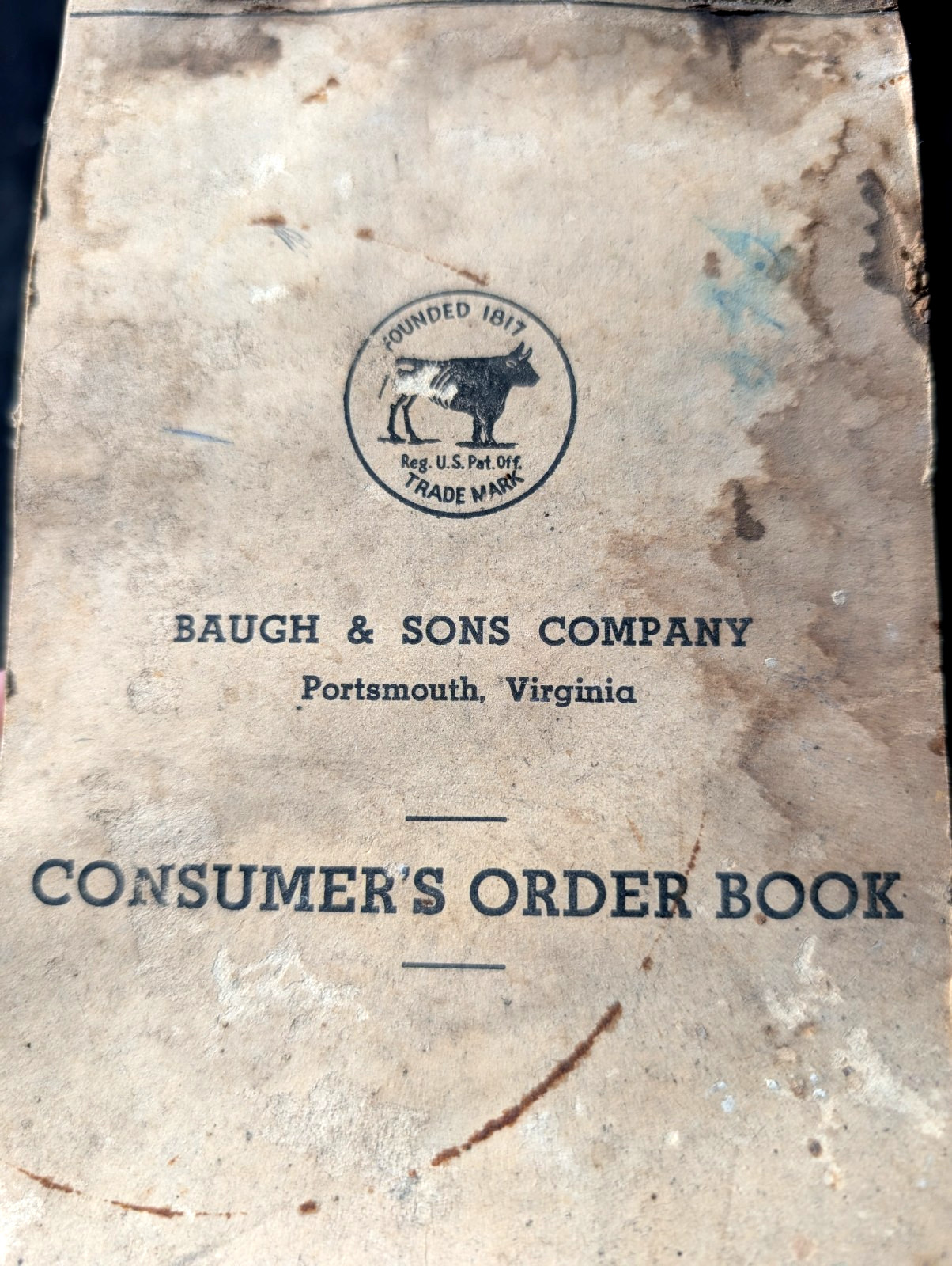 BAUGH & SONS COMPANY Portsmouth Virginia Vintage Old Sales Consumer’s Order Book