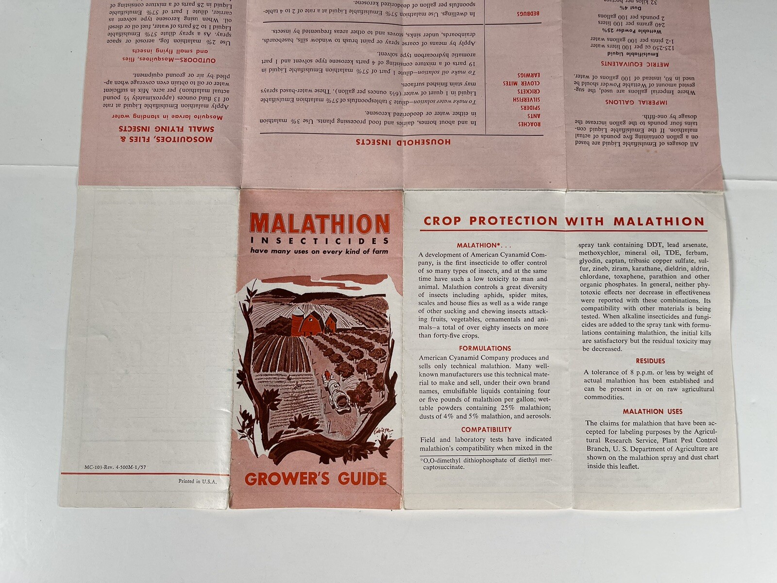 Malathion Insecticides Growers Guide booklet VTG Full 17×13″ Spray & Dust Chart