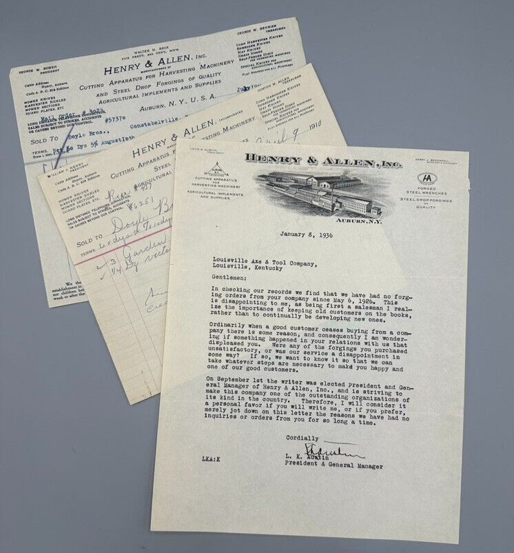 1936 HARVESTER Henry & Allen FARM IMPLEMENTS Advertising Letterhead AUBURN NY