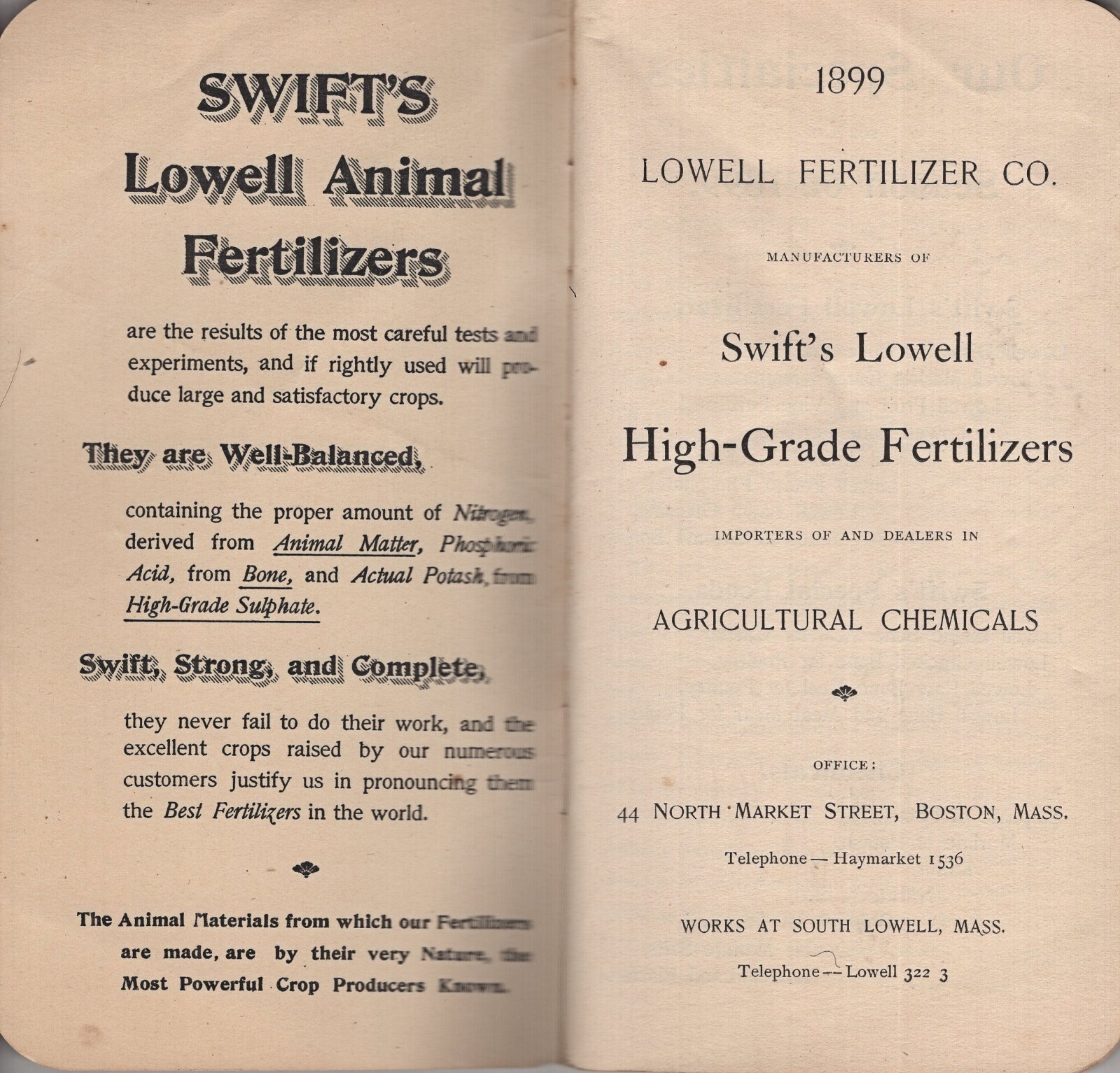 1899 Swift’s Lowell Animal Farm Fertilizers Adv. Book + Pocket Memo 96p.