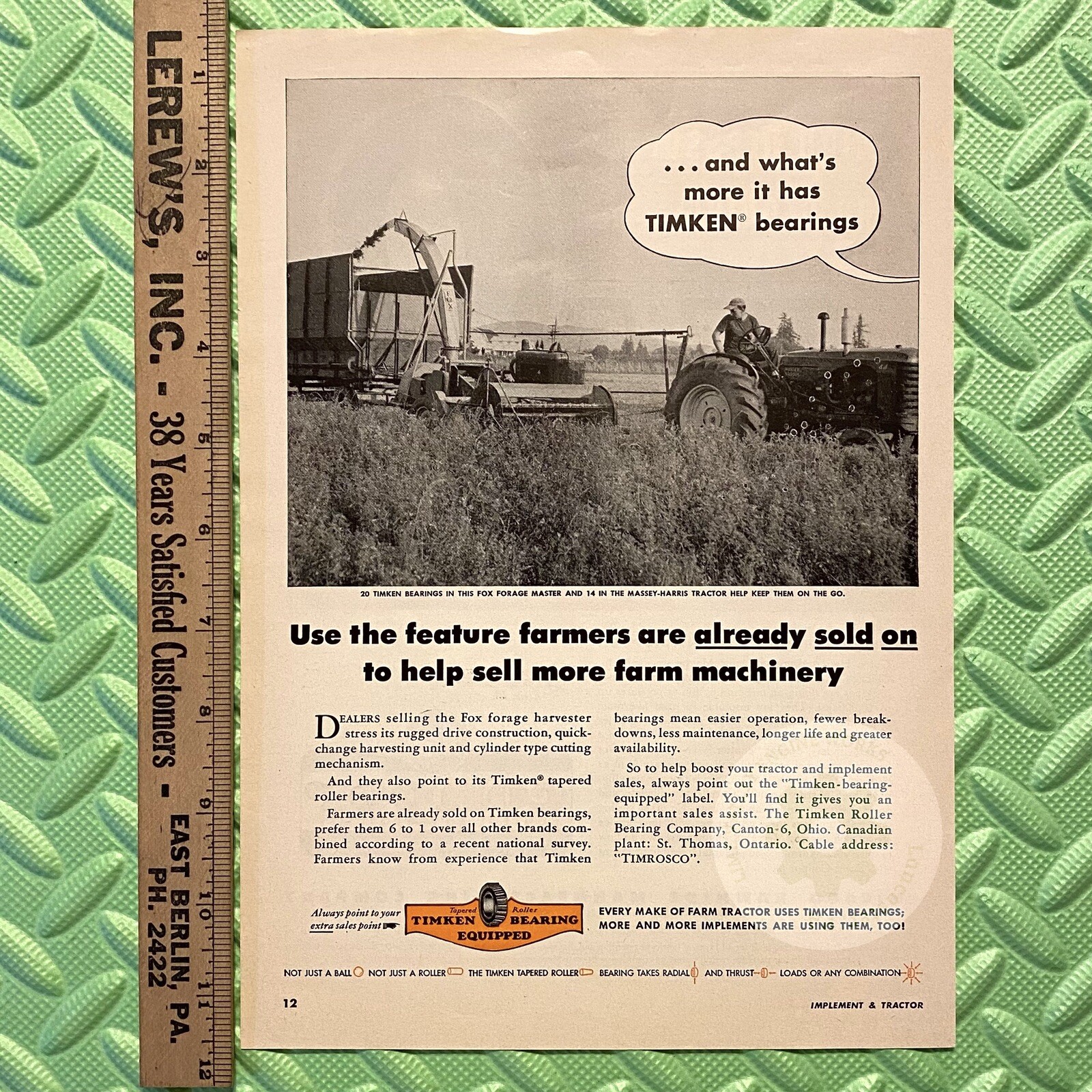 Original 1955 MASSEY-HARRIS 44 Tractors – TIMKEN Bearings Print Ad.