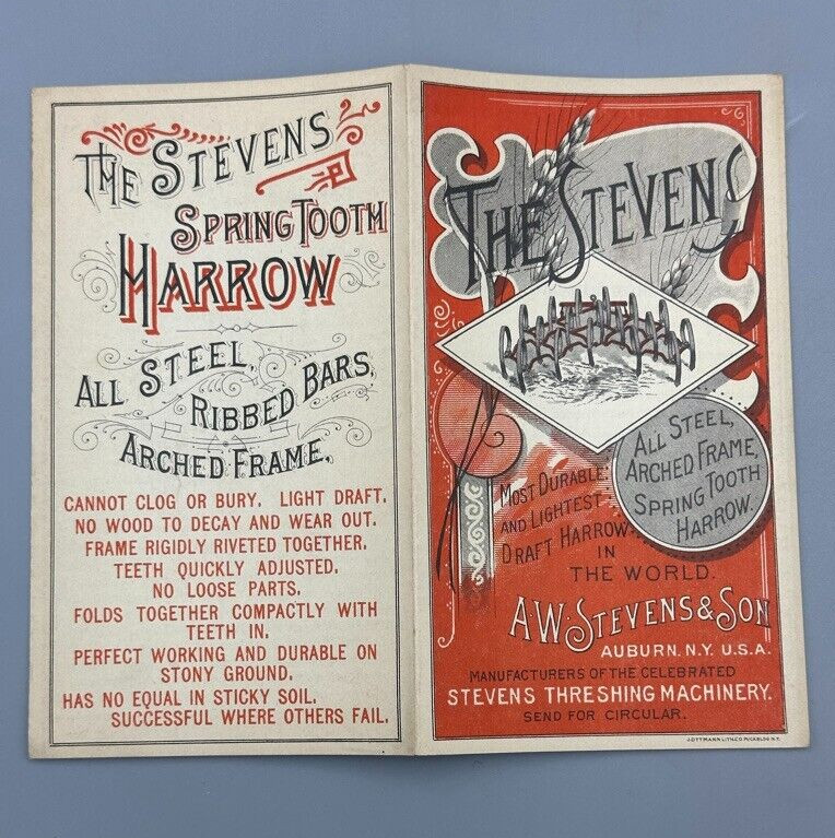 1880s STEVENS HARROW Farm Victorian Folding Advertising Trade Card AUBURN NY
