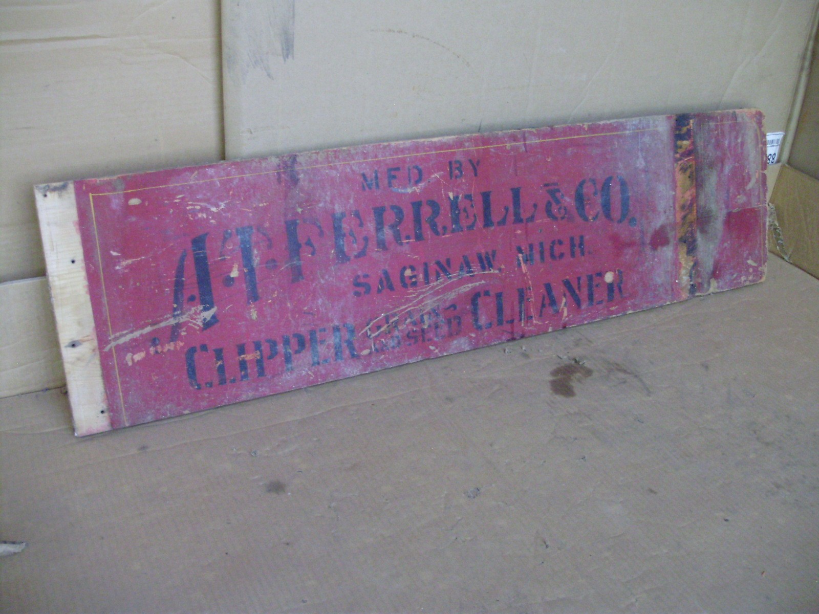 A.T. Ferrell Sign / Stenciling From A Clipper Fanning Mill, 44-3/4″ x 11-3/4″