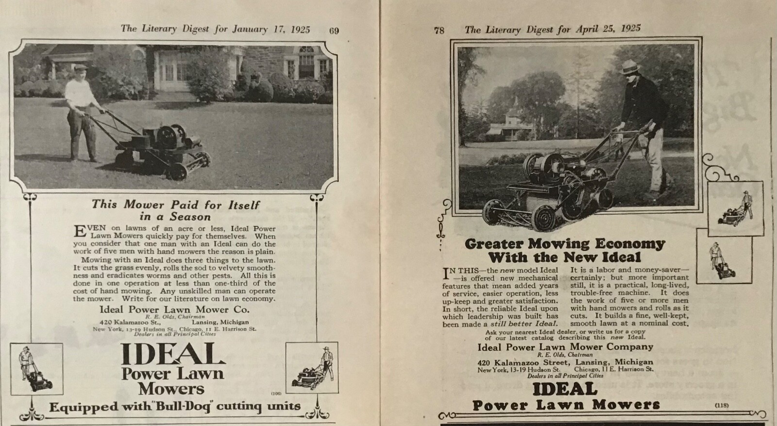 2 1925 magazine ads for Ideal Power Lawn Mowers – with “Bull dog” cutting units