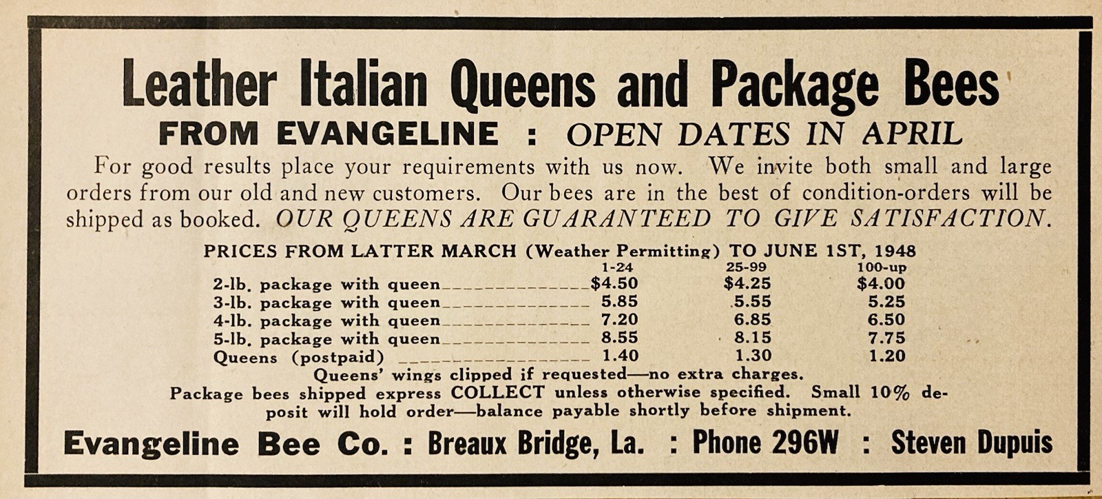 1948 AD.(XH87)~EVANGELINE BEE CO. BREAUX BRIDGE, LA. LEATHER ITALIAN QUEENS