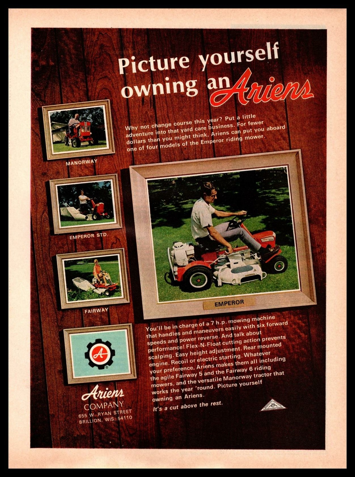 1969 Ariens Brillion Wisconsin “Emperor” Riding Lawn Mower Tractor Print Ad