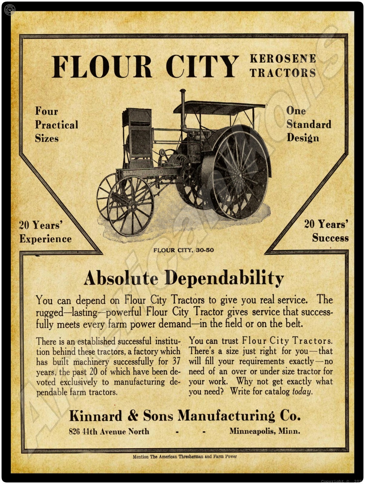 Kinnard & Sons Co. New Metal Sign: Flour City Tractor, Model 30-50 – Minneapolis