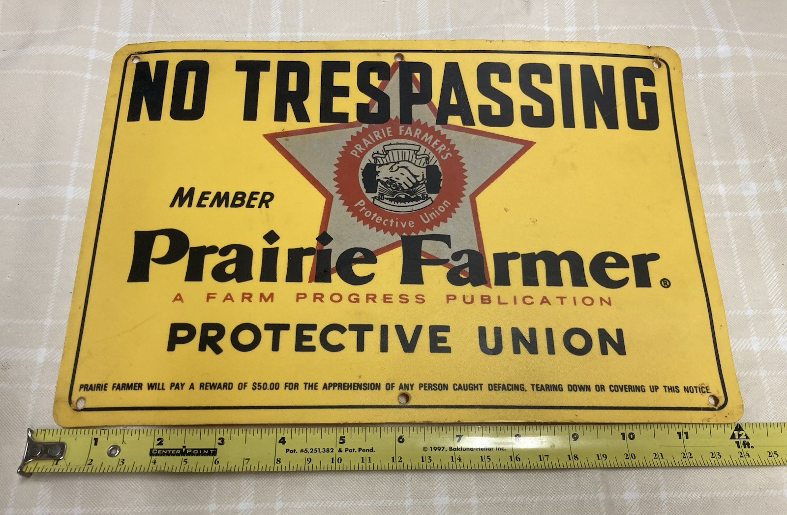 Vtg Prairie Farmer Protective Union No Traspassing Sign 12×8 Plastic
