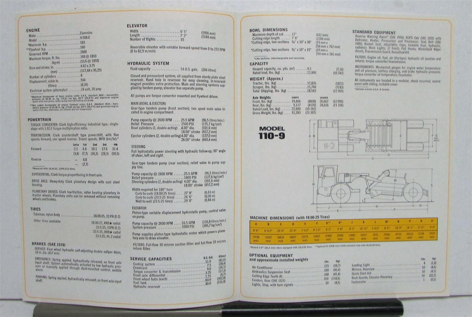 1977 Clark 110 9 Michigan Elevating Scraper Specs Construction Sales Brochure