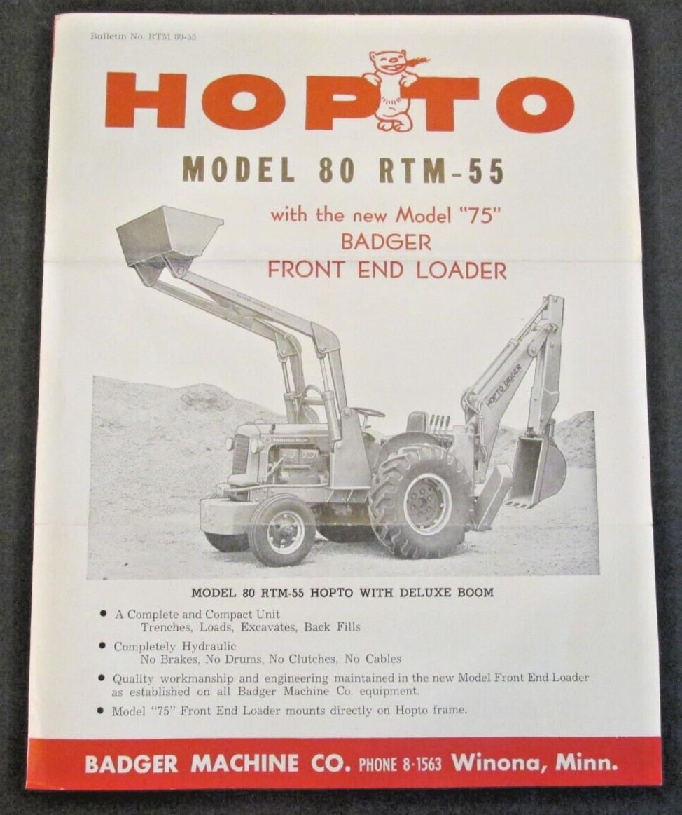 HOPTO MODEL 80 RTM55 FRONTEND LOADER BADGER MACHINE WINONA MN Dealer AD BROCHURE