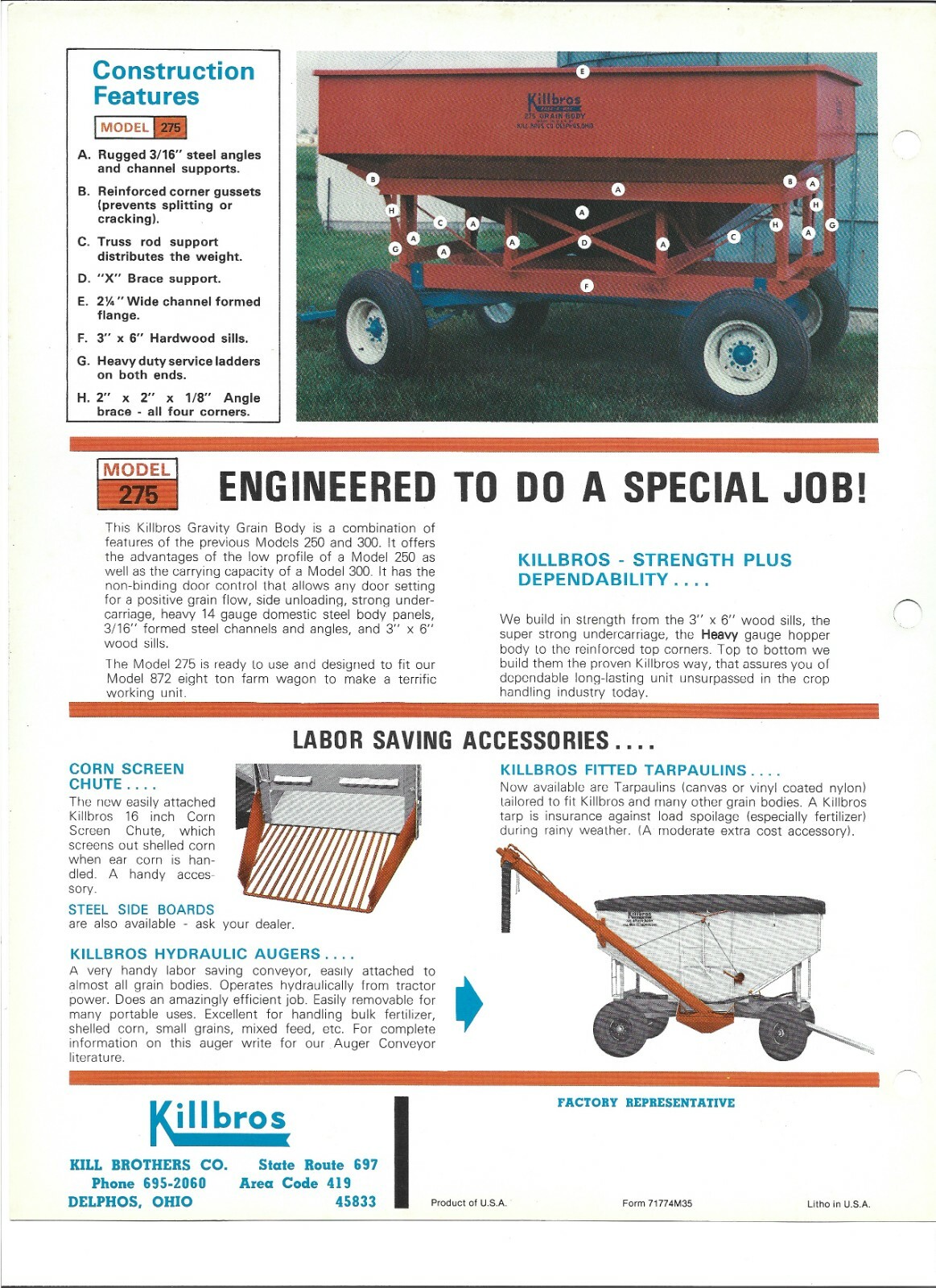 Original Killbros Model 275 Gravity Grain Box Sales Brochure Spec Sheet 71774M35