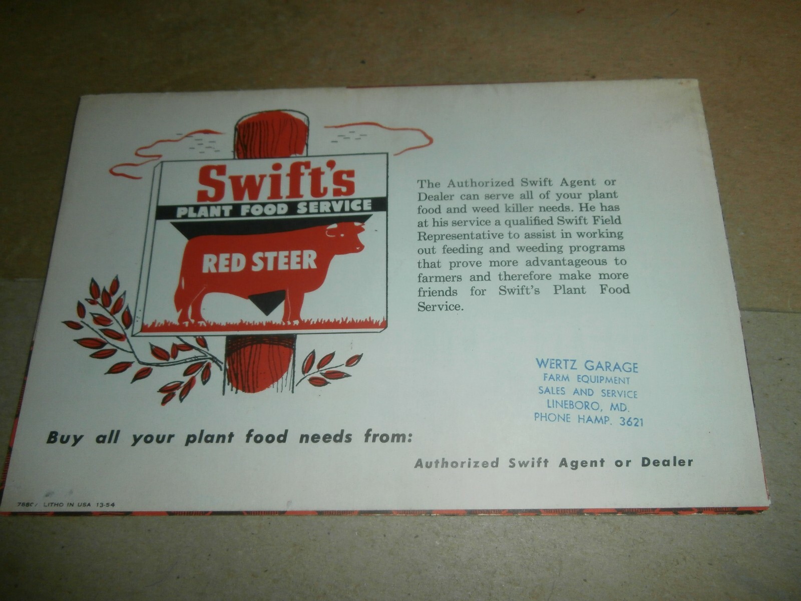 Original Swift’s Red Steer Plant Food Farm Brochure Wertz Garage Lineboro MD