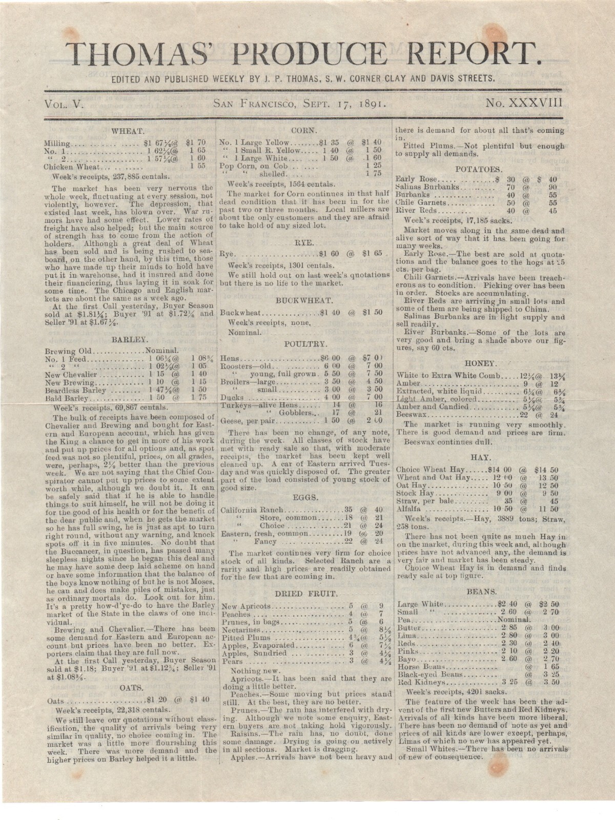 1891 Thomas’ Produce Report Flier from San Francisco CA