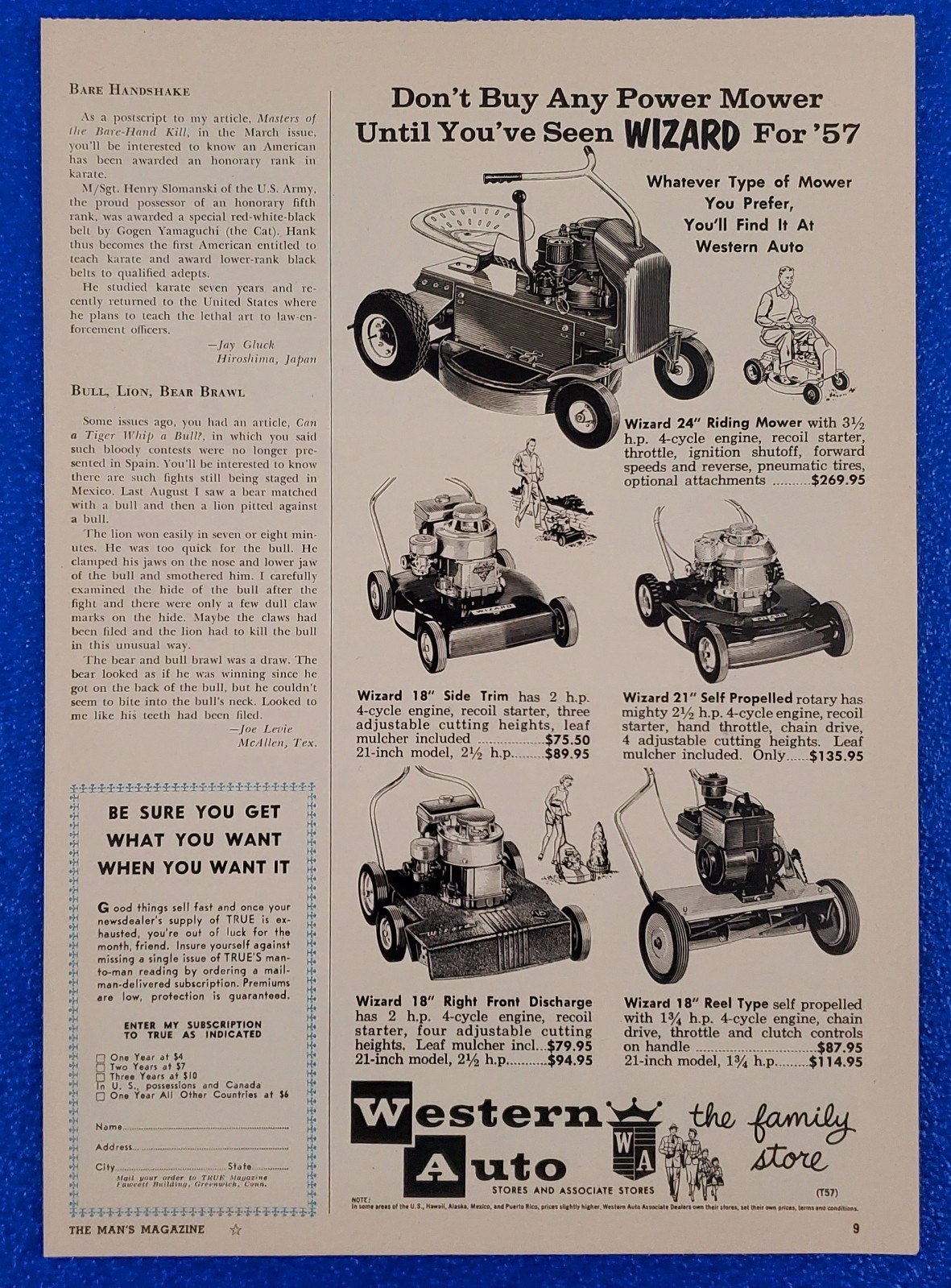 1957 WESTERN AUTO “WIZARD” LAWN MOWER PRODUCT LINE UP ORIGINAL VINTAGE PRINT AD