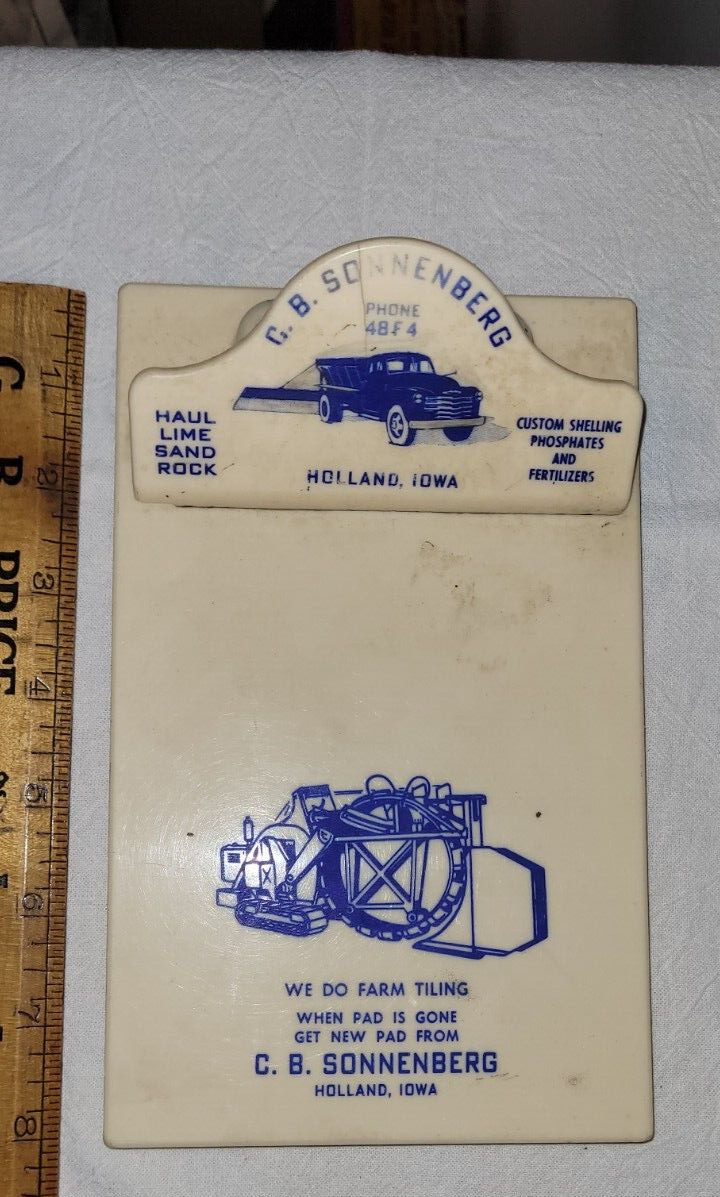 vtg C.B. SONNENBERG Trucking & Tiling HOLLAND IOWA Clip Board Plastic 1940’s