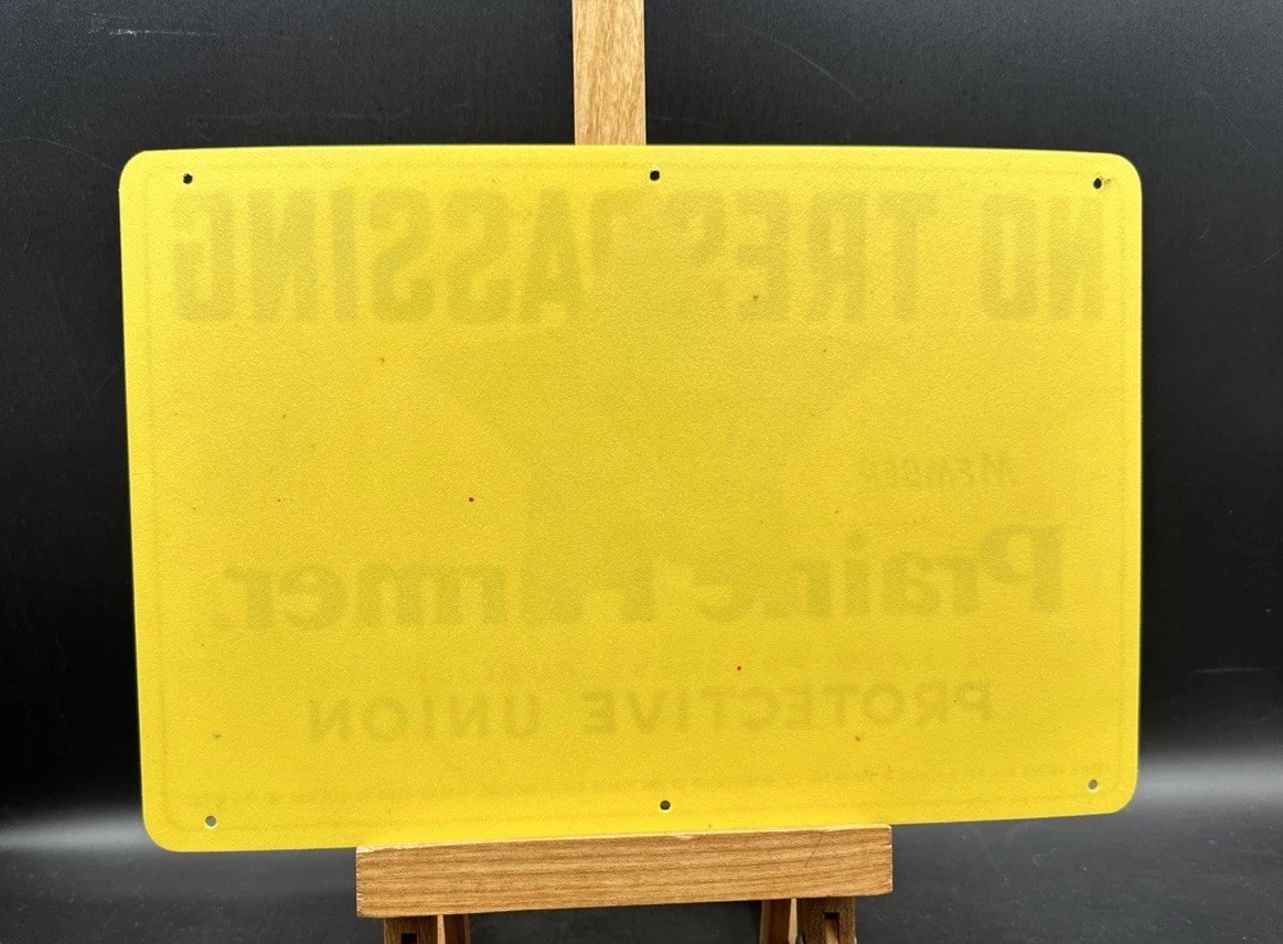 Vintage Prairie Farmer No Trespassing Sign Protective Union Plastic Sign 12″x8″