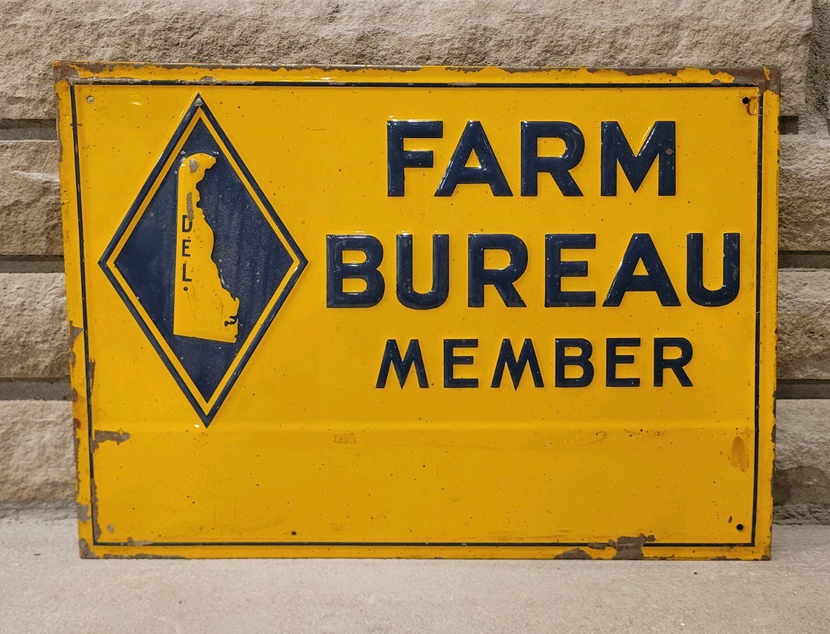 Vintage Original Delaware Farm Bureau Sign Tin Seed Feed Farm Crop Advertising