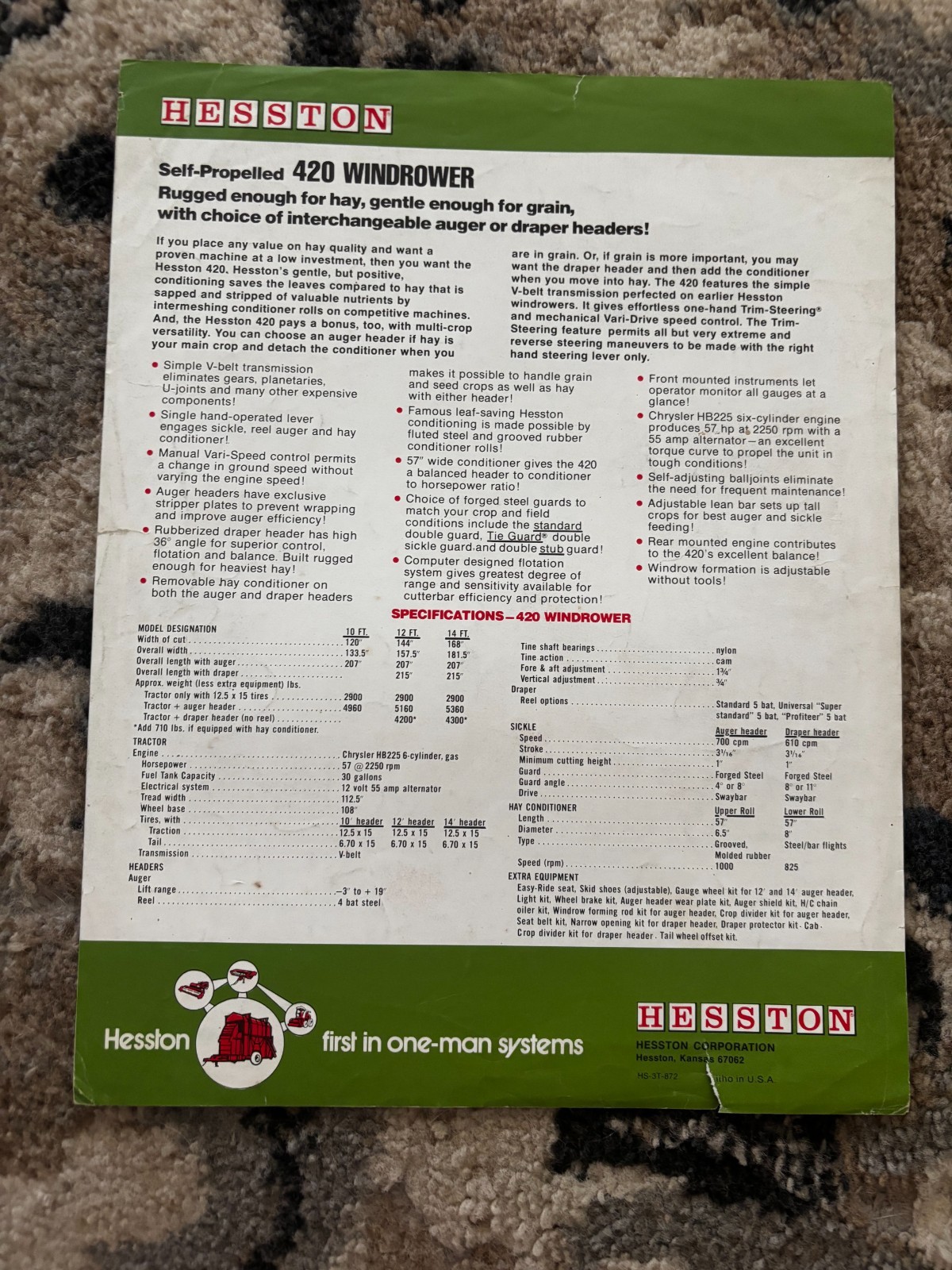Hesston 420 Windrower For 1972 Brochure DCPA26