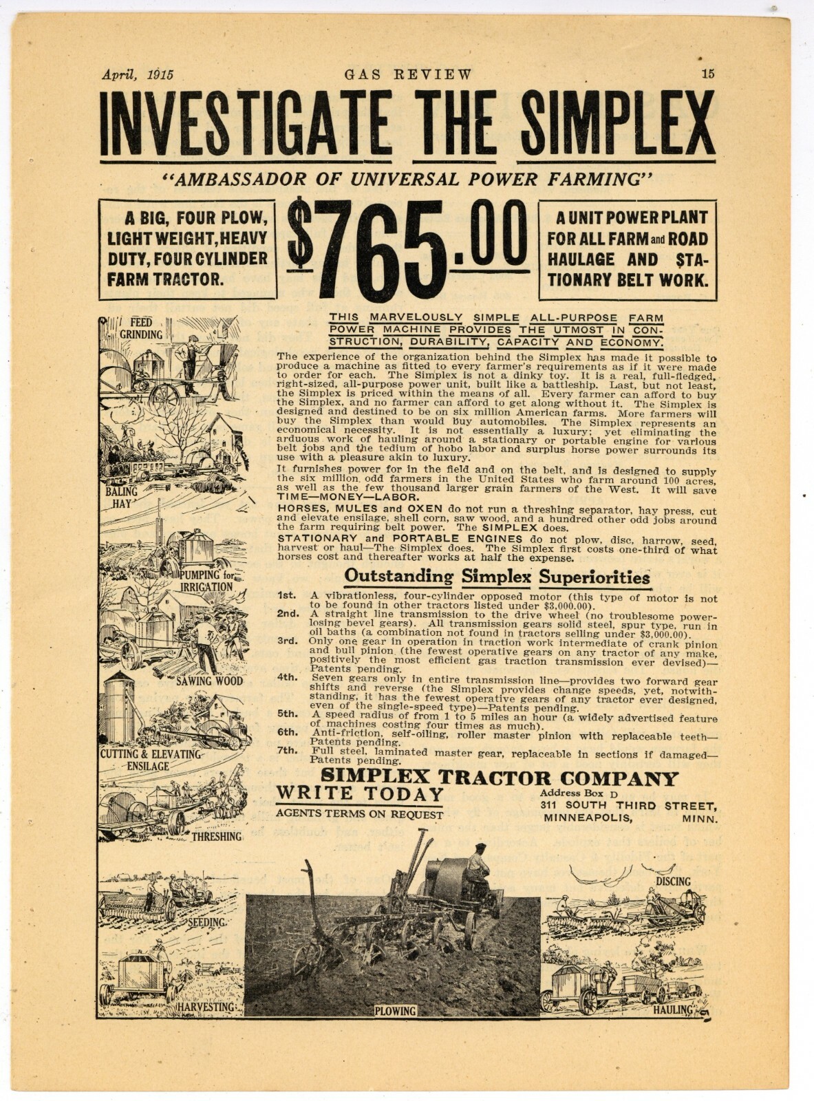 1915 Simplex Tractor Ad: “Ambassador of Universal Power Farming” Minneapolis MN