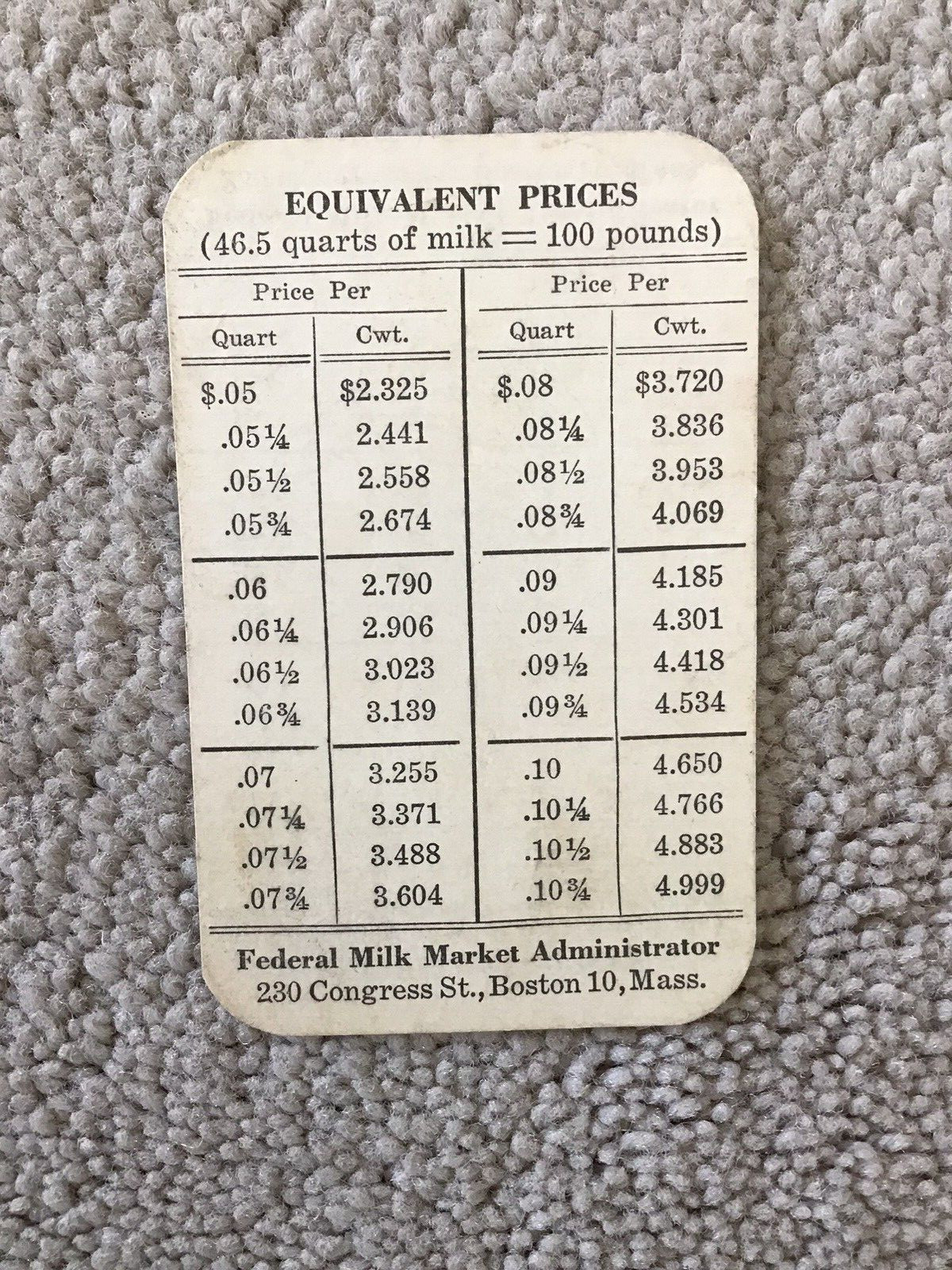Vintage Federal Milk Market Administrator Boston 2 1/4″ x 3 1/2″ Price Card