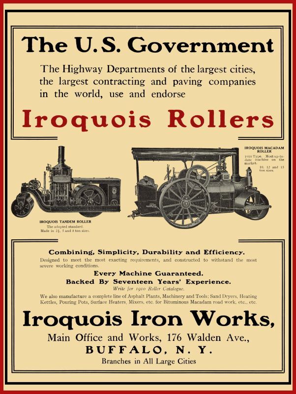 1910 Iroquois Iron Works New Metal Sign: Macadam & Tandem Road Rollers, Buffalo