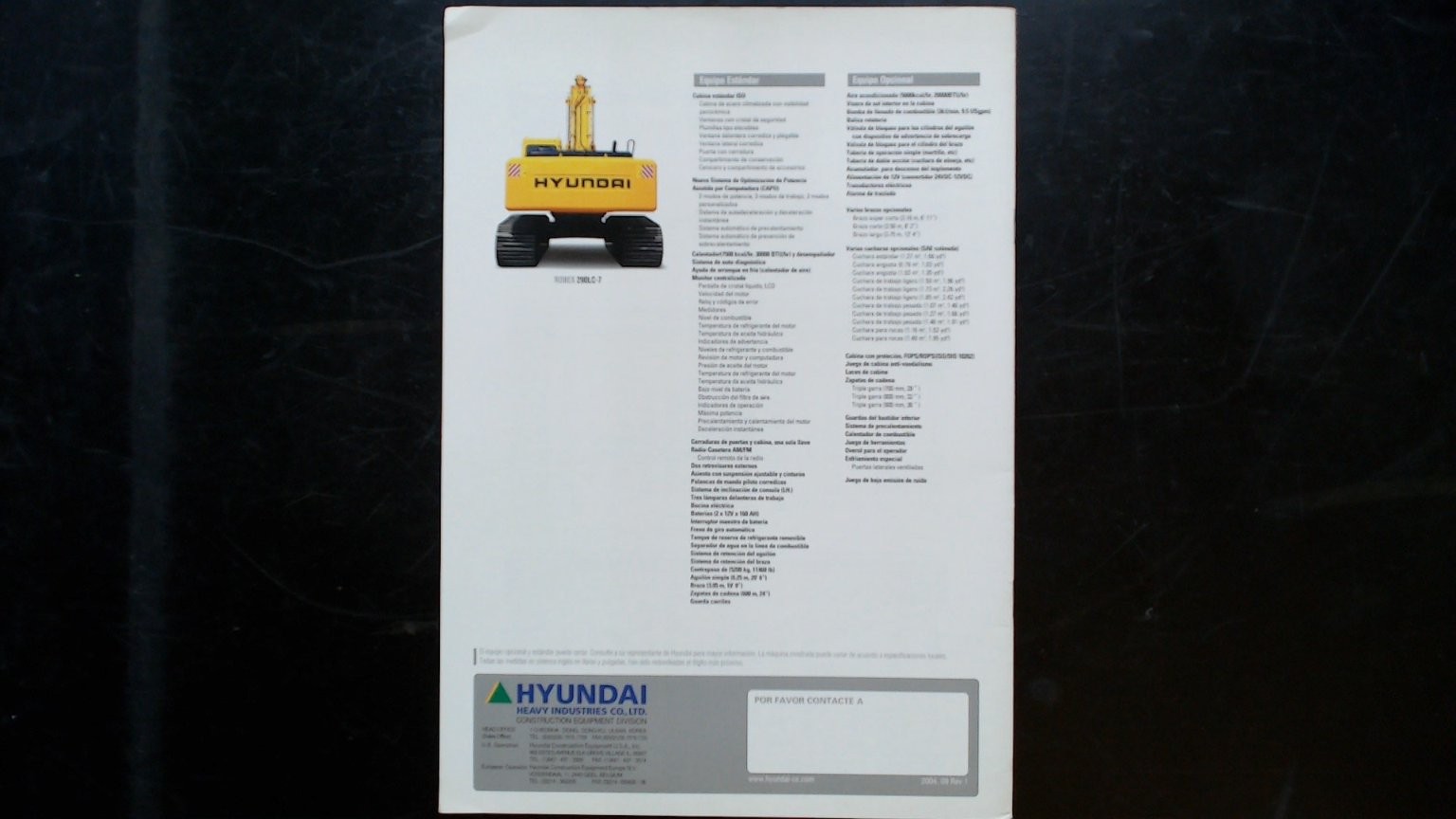 Hyundai Excavator Brochure 290LC-7 290NLC-7 Nueva Serie 7 2004