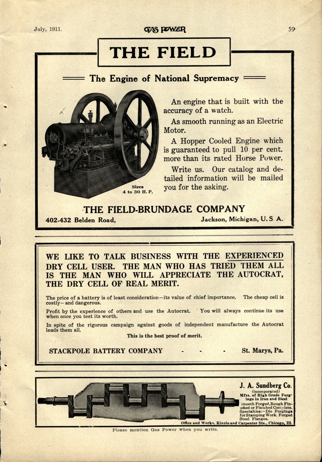 1911 Field Brundage Hopper Cooled Gas Engine Advertisement: Jackson, Michigan