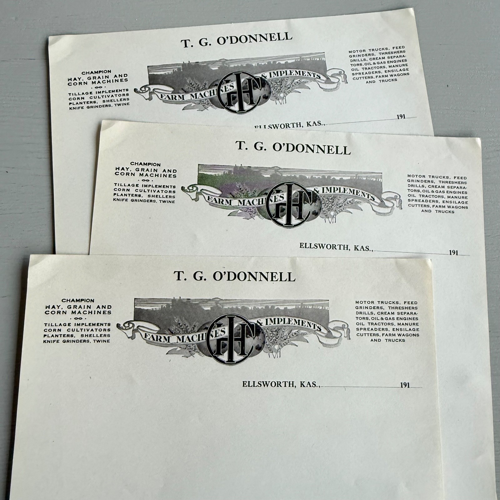 3 Vintage T.G. O’Donnell Letterhead Advertising Ellsworth KS Farm Implements