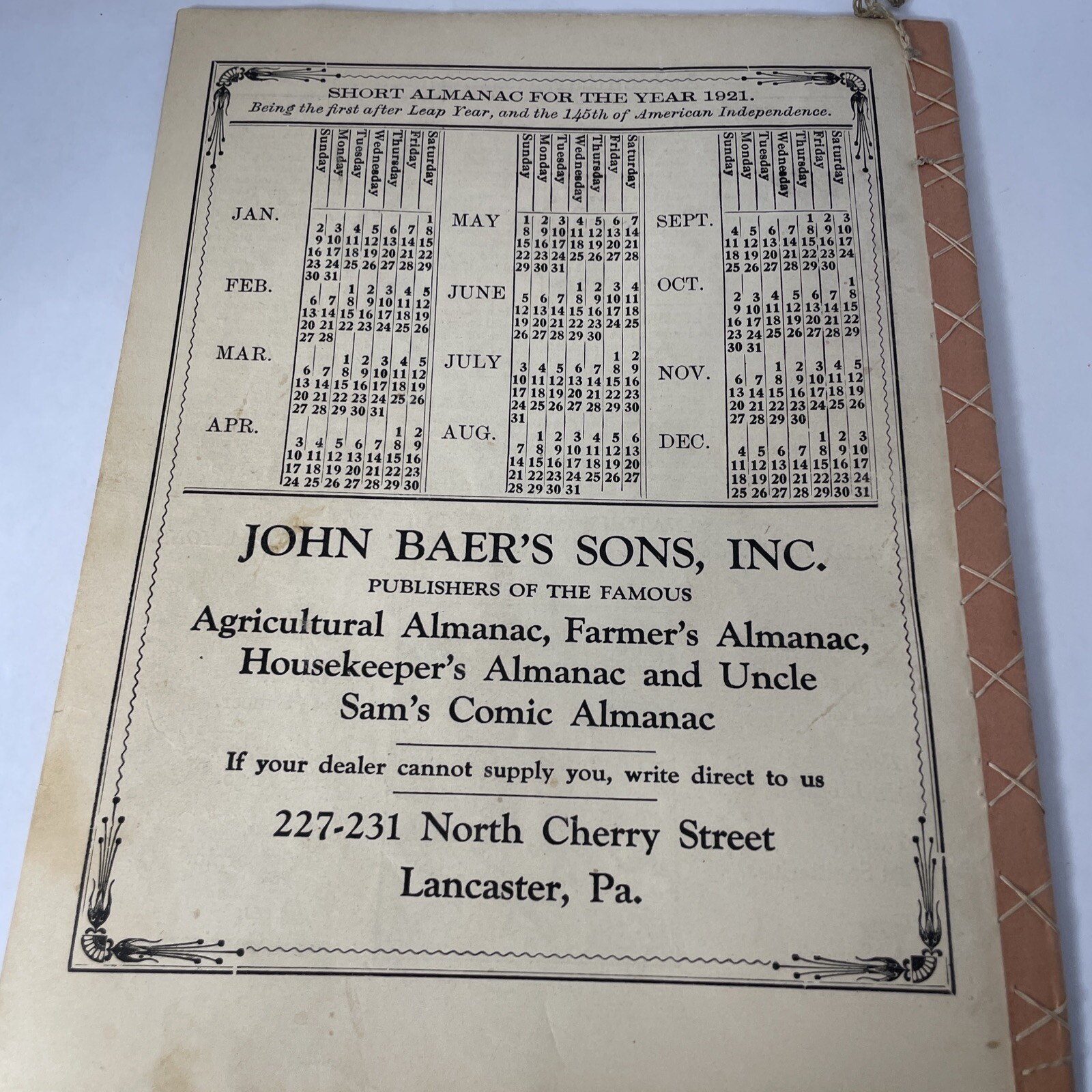 Vintage 1921 John Baers Sons Agricultural Almanac Lancaster Penn Farmers Almanac