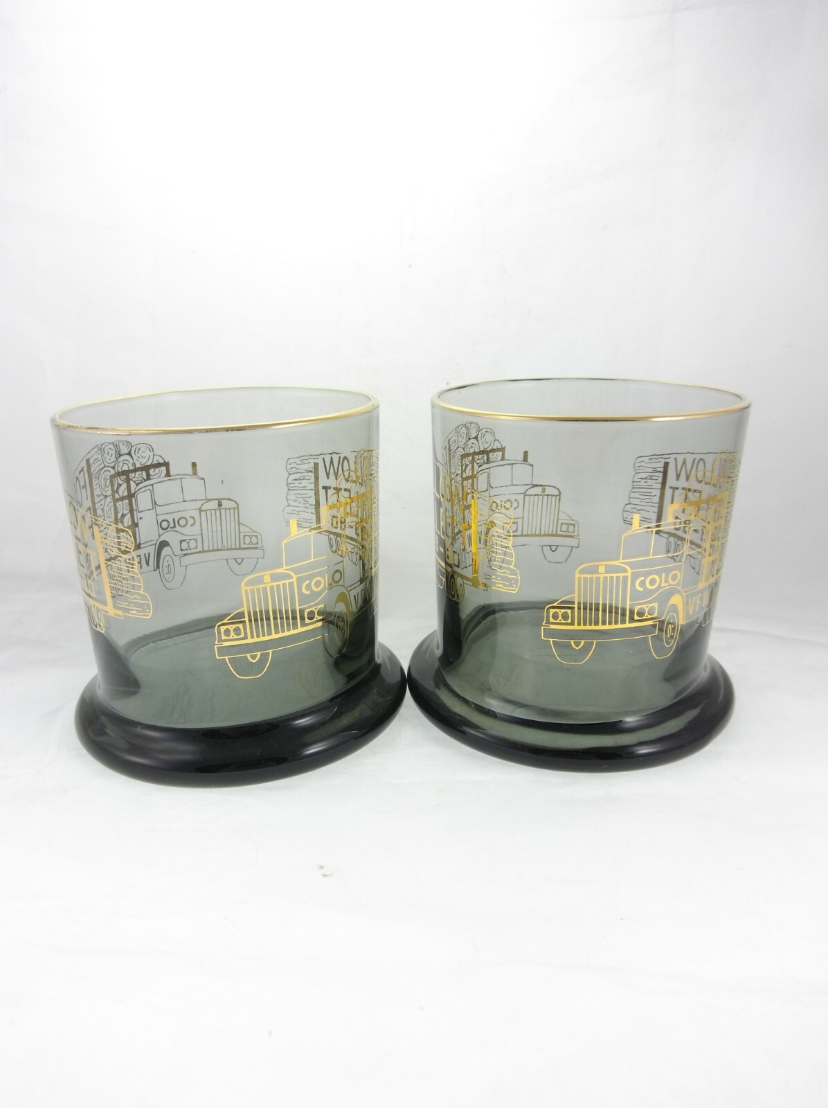 2pc Set ‘Follow Follett’ Colorado VFW Logging Trucking Advertising Rocks Glasses