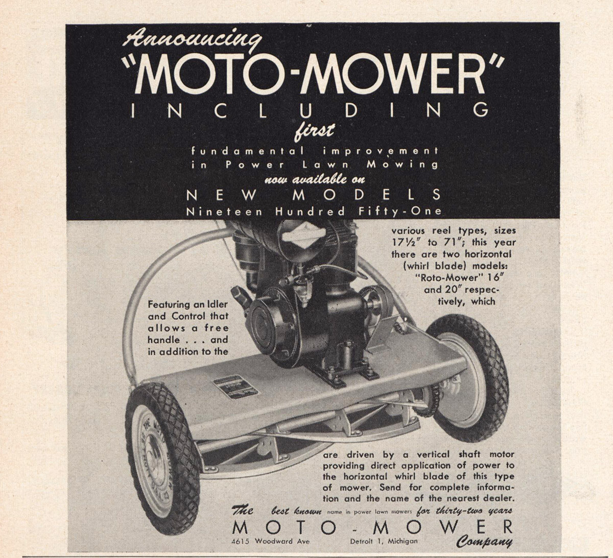 1951 Moto Mower: Power Lawn Mowing Vintage Print Ad