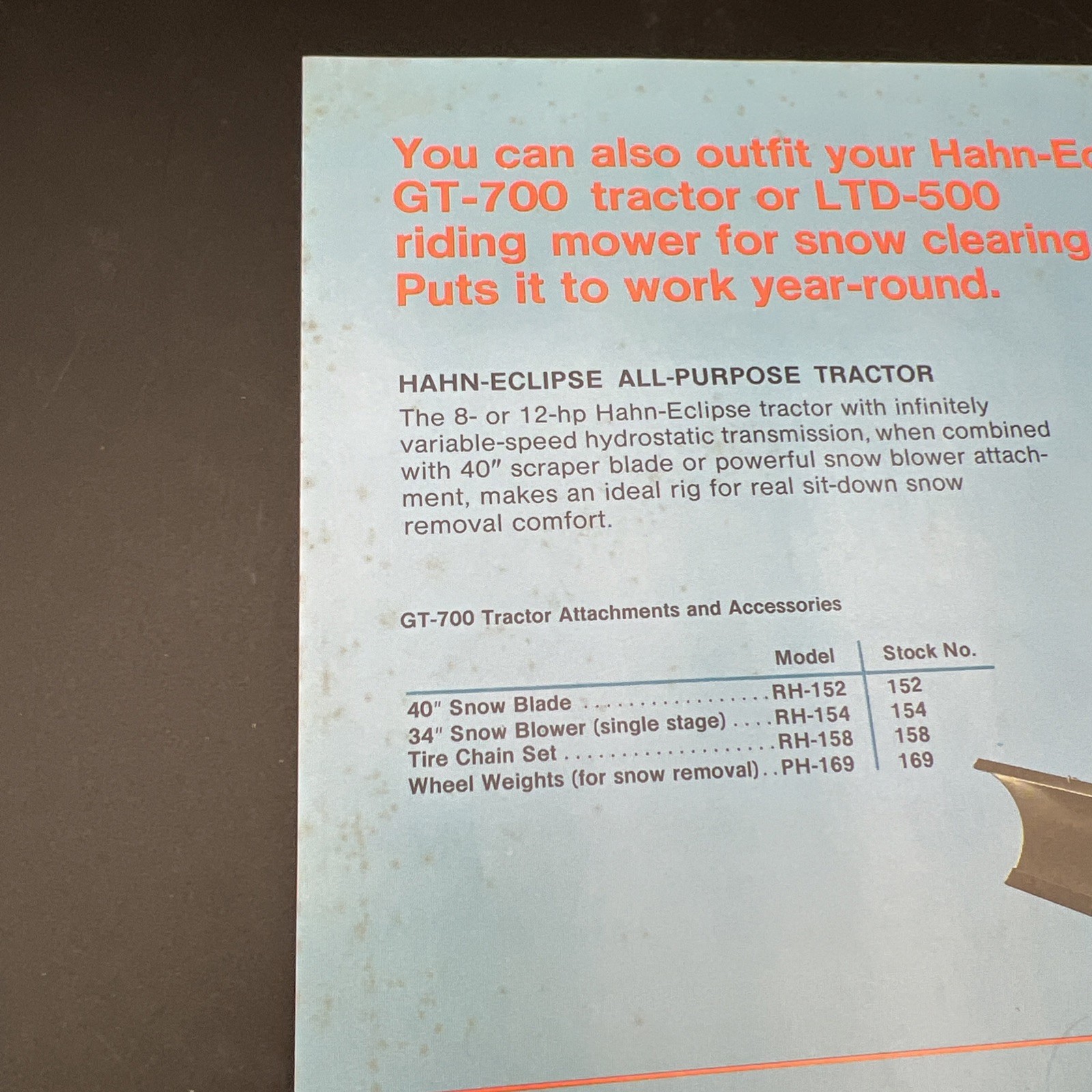 Vtg Original Hahn Eclipse Snow Giant Walk-Behind Snow Thrower Brochure