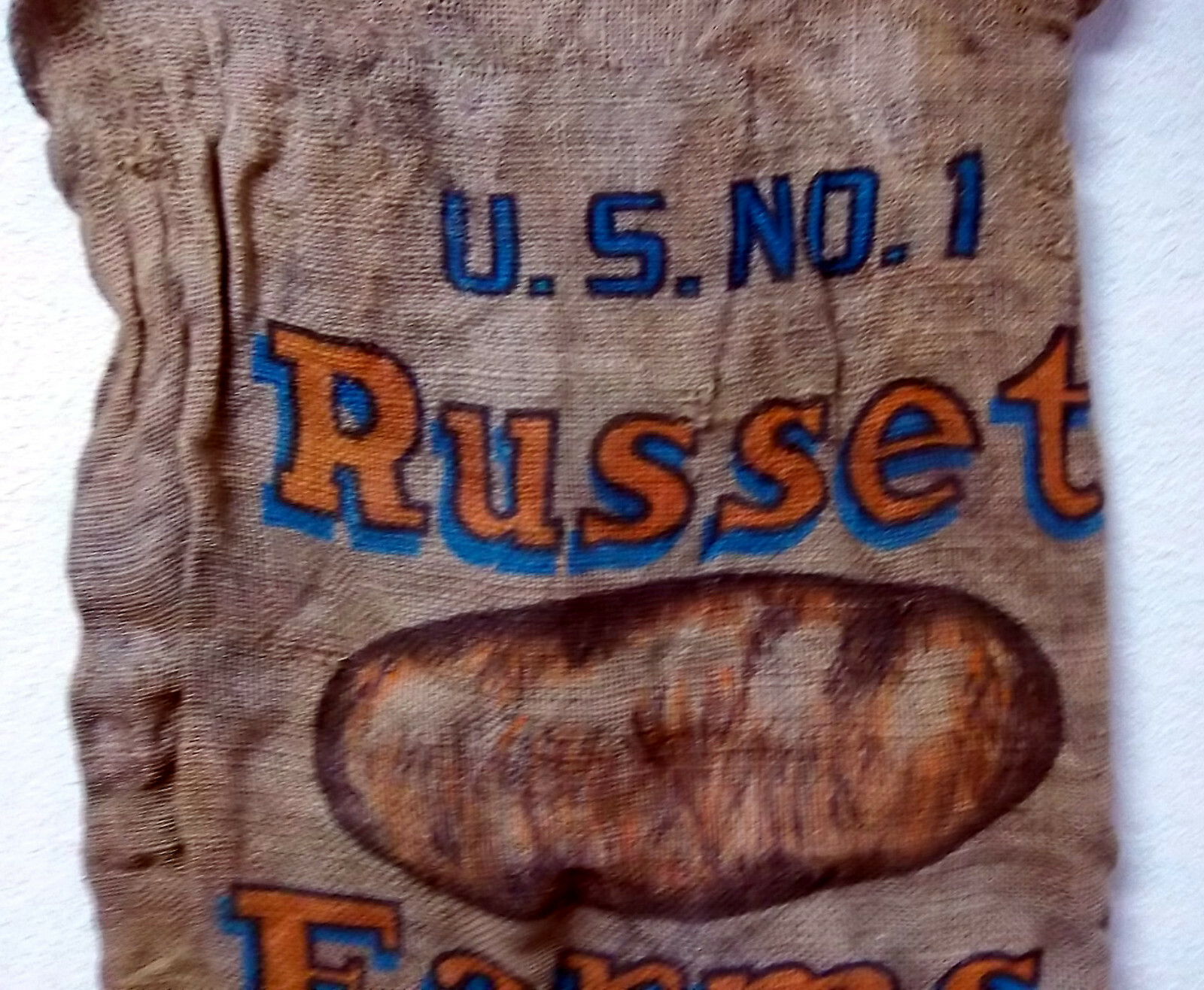 Russet Farms US no. 1 Potatoes (EMPTY) Burlap Bag, great home decor item 33 x 18