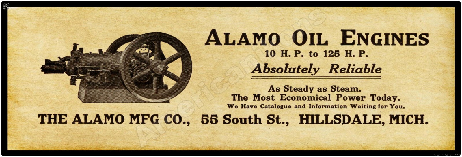 1915 Alamo Oil Engines New Metal Sign, 16″ x 48″ USA STEEL XL Size – 8 lbs