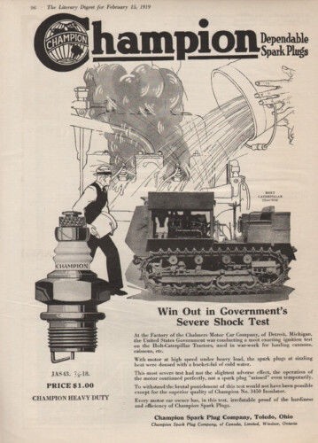 1919 CHAMPION HOLT CATERPILLAR TRACTOR SPARK PLUG CHALMERS TOLEDO AD 7920