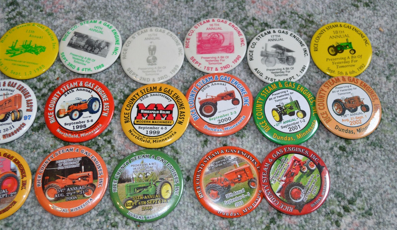 23 different Rice County Steam & Gas Engines Tractor Buttons 1976-2011