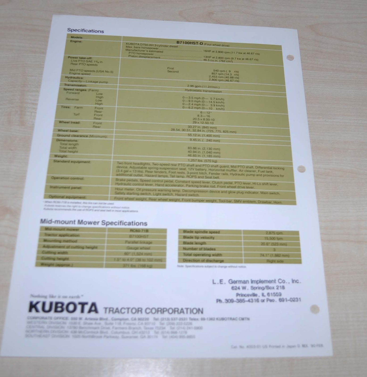 Kubota B7100HSD 4WD Compact Diesel Tractor Japanese Brochure