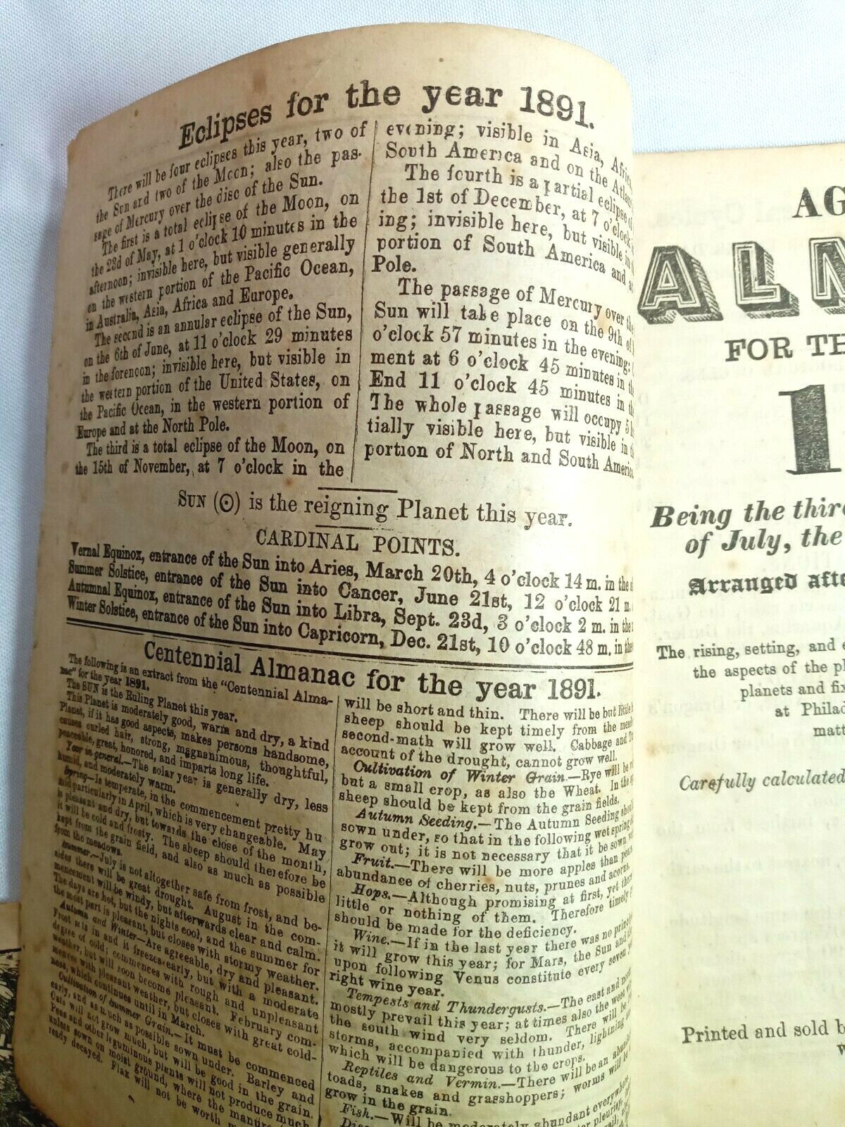 1891 John Bear Baer’s Agricultural Almanac Lancaster, PA Antique Farmers Vintage