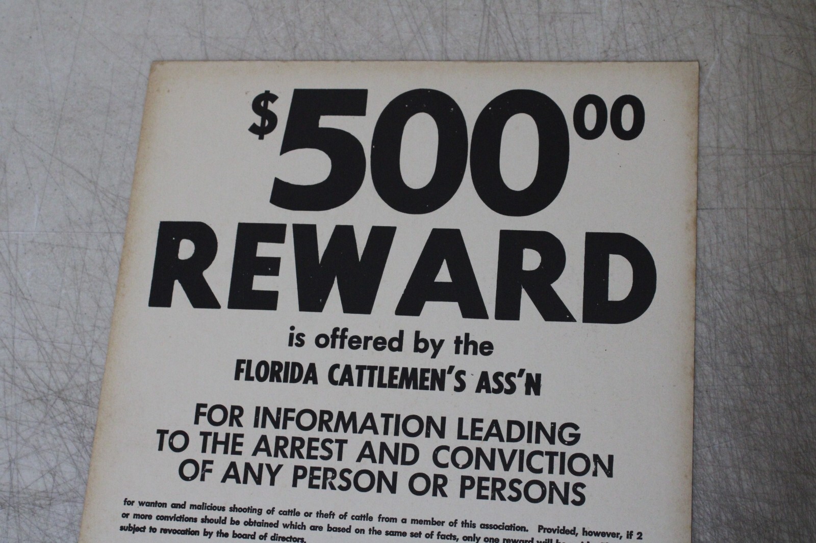 FLORIDA CATTLEMEN’S ASSOCIATION SIGN $500.00 REWARD 10.5 X 13.5