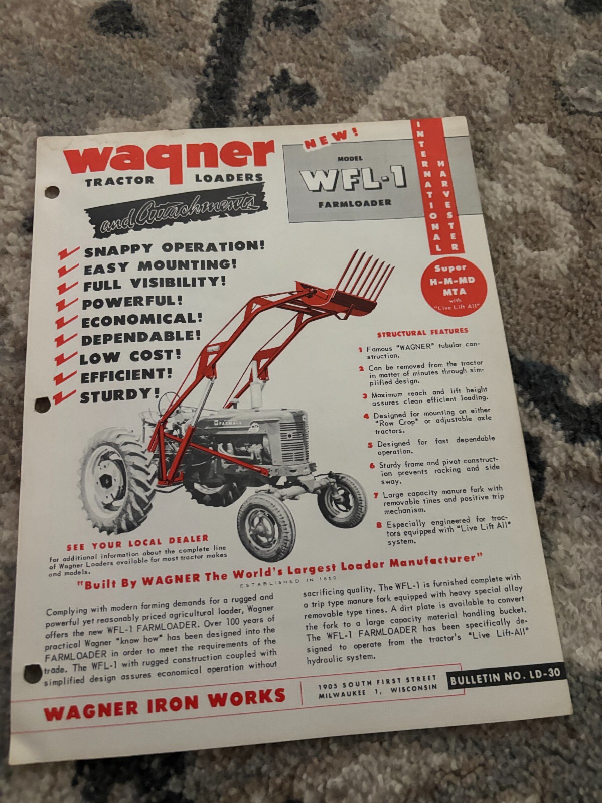Wagner WFL-1 Loader For International Harvester H M MTA Tractor Brochure FCCA25